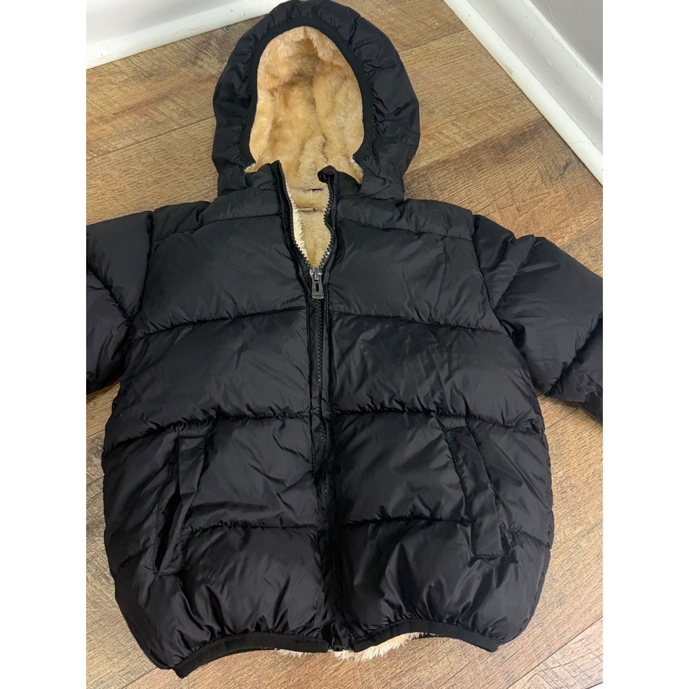 Kids Black Hooded Puffer Jacket Faux Fur Lined Quilted Winter Coat Zip Up
